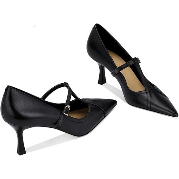 🆕Women Black Formal Leather Kitten Heel Pumps Toe Ankle Strap Stiletto Shoes - Picture 3 of 7